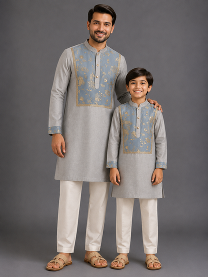 Grey Embroidered Yoke kurta set