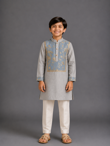 Grey Embroidered Yoke kurta set