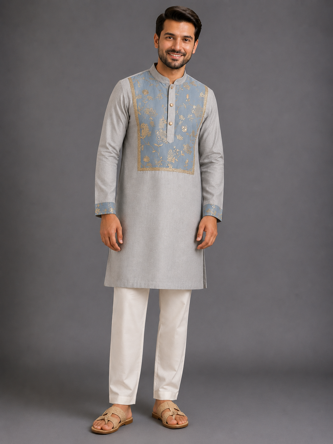 Grey Embroidered Yoke kurta set