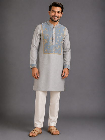 Grey Embroidered Yoke kurta set