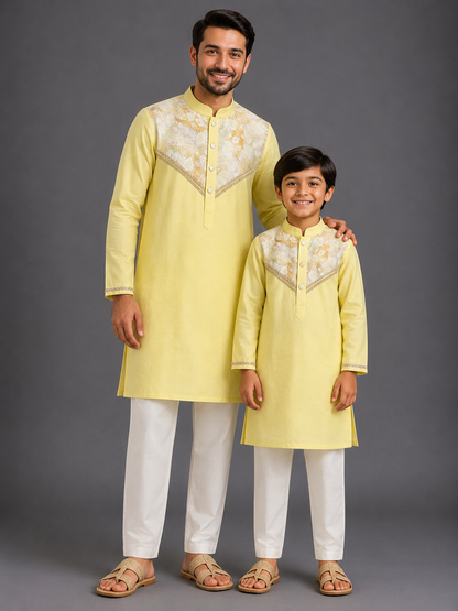 Yellow Embroidered Sequined Yoke kurta Pyjama Set