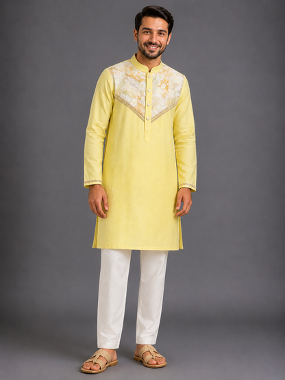 Yellow Embroidered Sequined Yoke kurta Pyjama Set