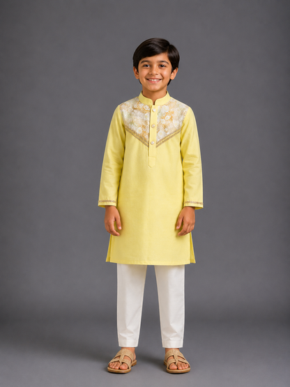 Yellow Embroidered Sequined Yoke kurta Pyjama Set