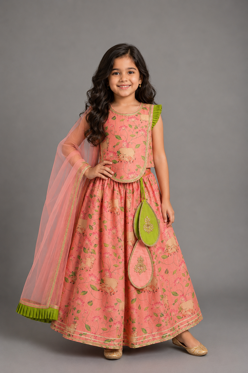Peach Cow Print Lehnga