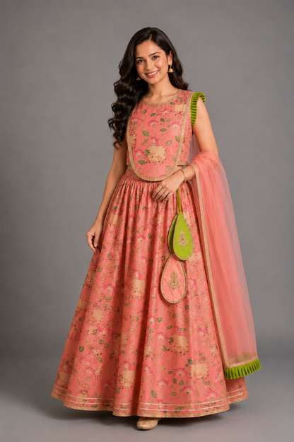 Peach Cow Print Lehnga