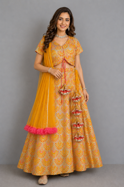 Mustard yellow  Embroidery lehenga  set