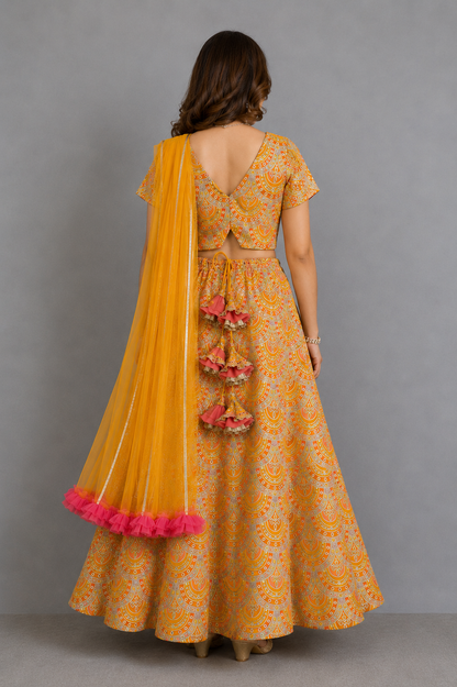 Mustard yellow  Embroidery lehenga  set