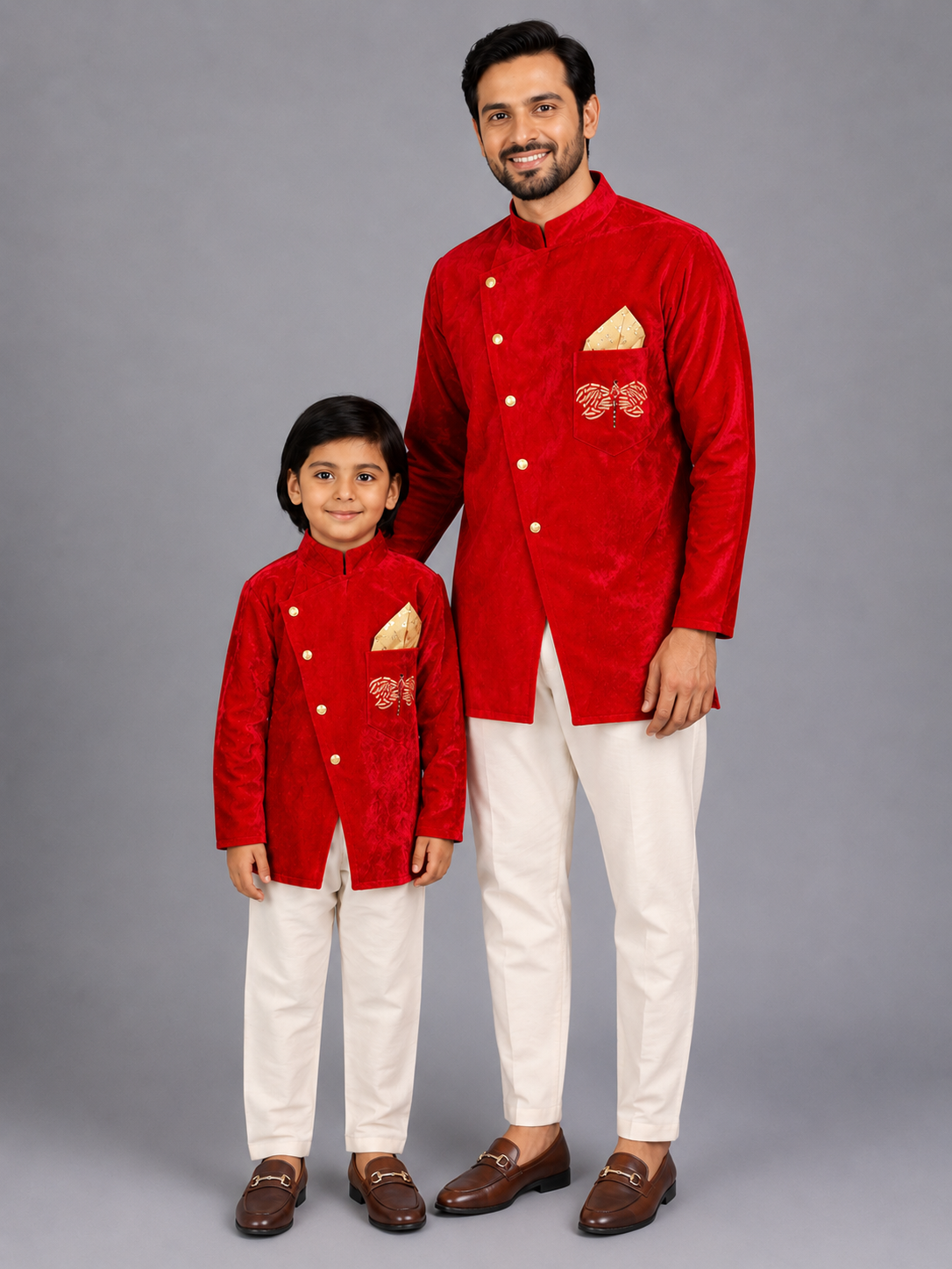 Pink Velvet bandhgala set with Offwhite trousers
