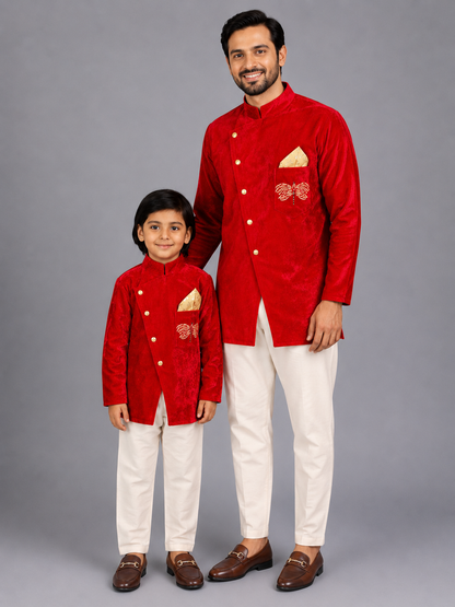 Pink Velvet bandhgala set with Offwhite trousers