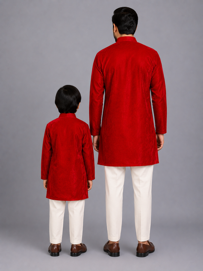 Pink Velvet bandhgala set with Offwhite trousers