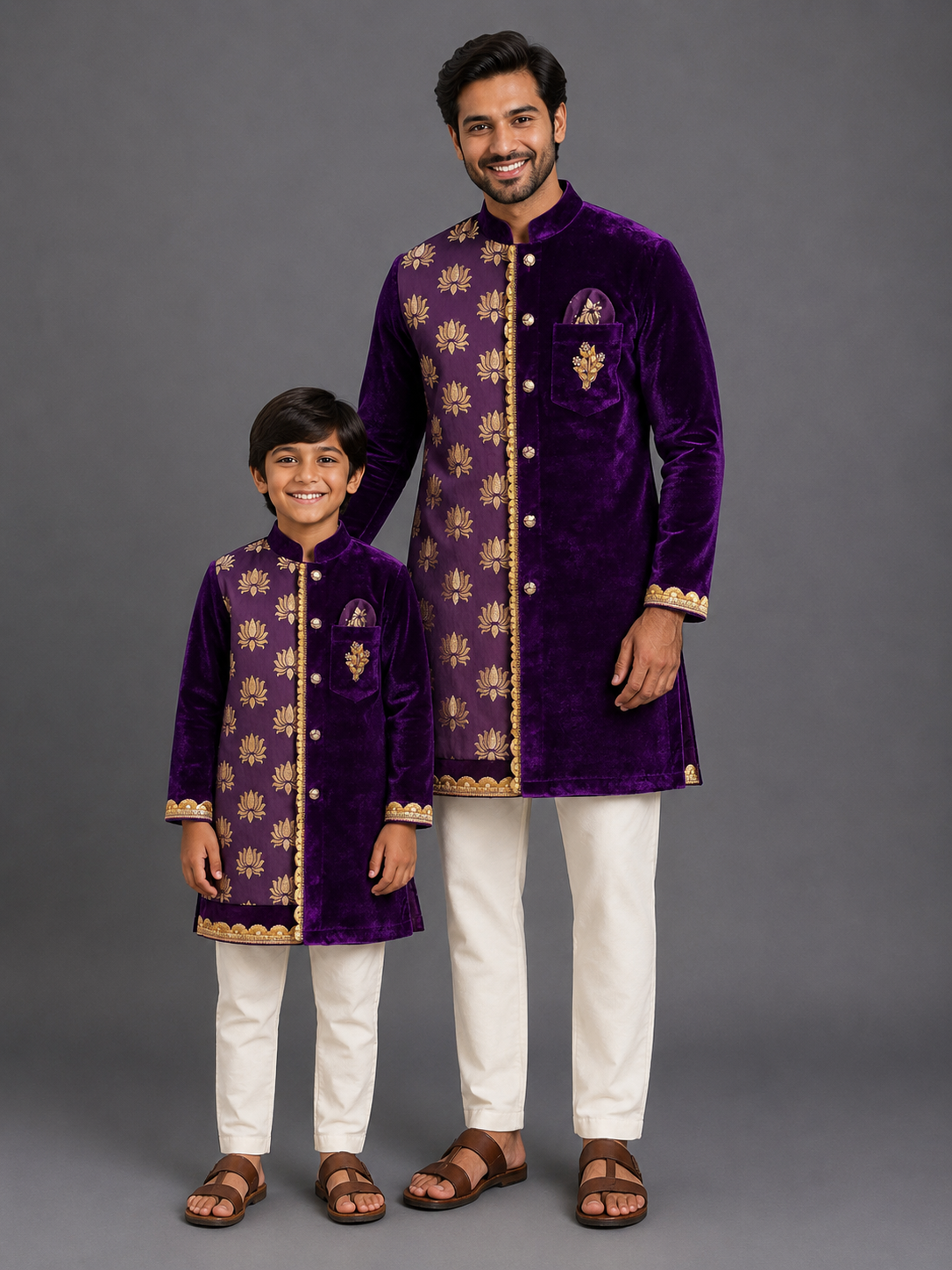 Purple Velvet Lotus Print Kurta set