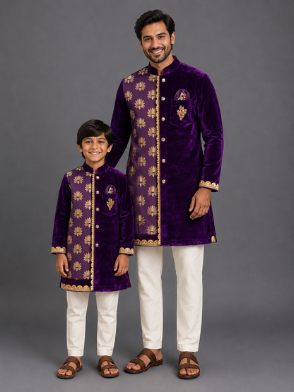 Purple Velvet Lotus Print Kurta set
