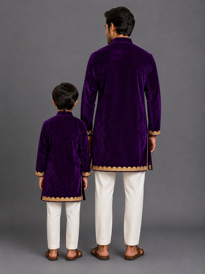 Purple Velvet Lotus Print Kurta set