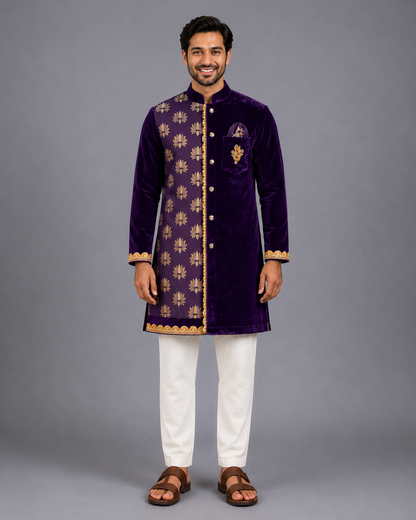Purple Velvet Lotus Print Kurta set
