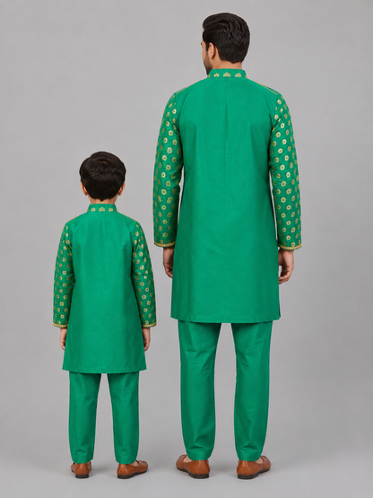 Parrot Green Chanderi Panel Kurta Pyjama set
