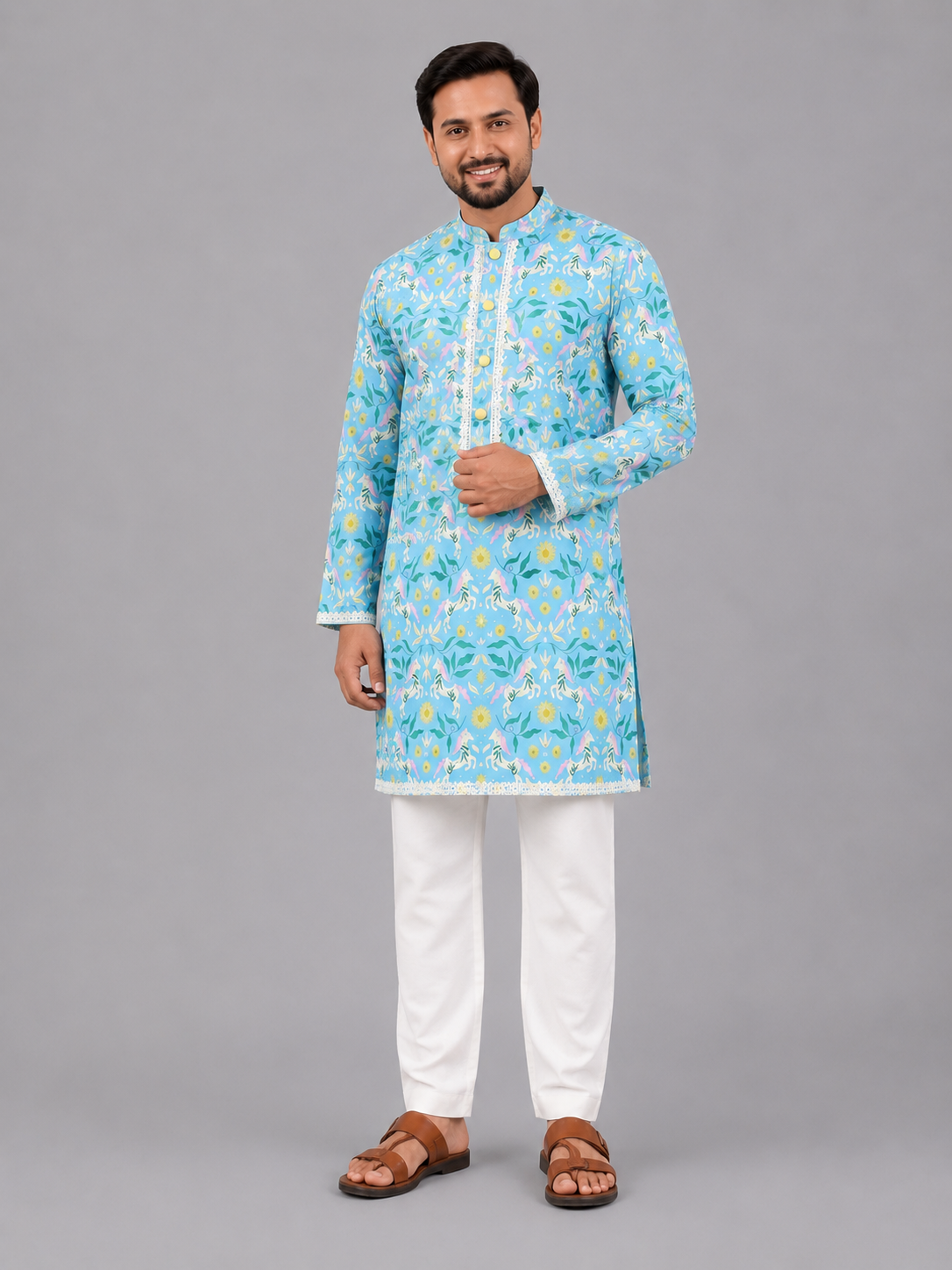 Horse Print Kurta & Off White Pyjama