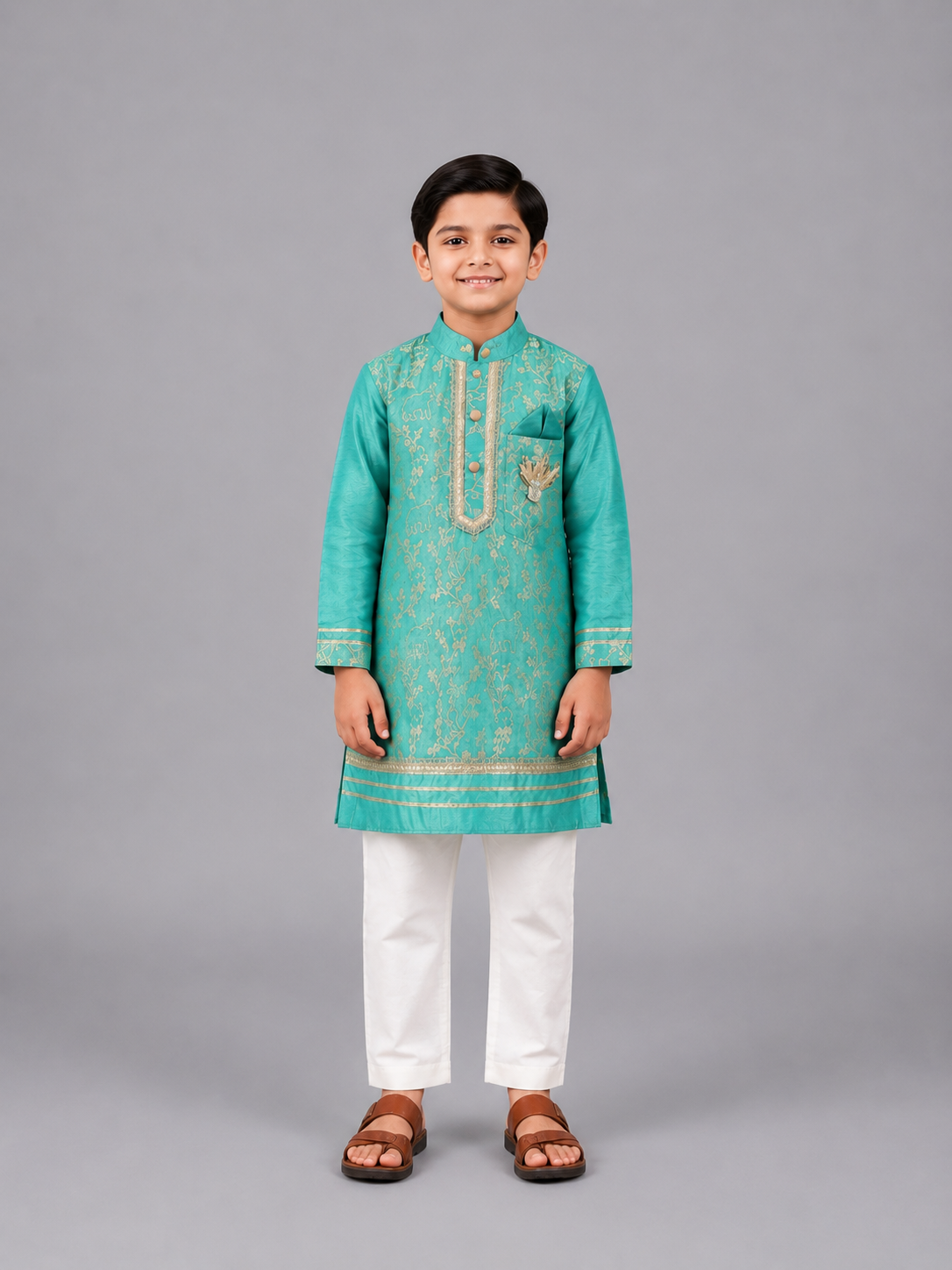 Pastel Green Chanderi Embrodriery Kurta and Off White White Pyjama