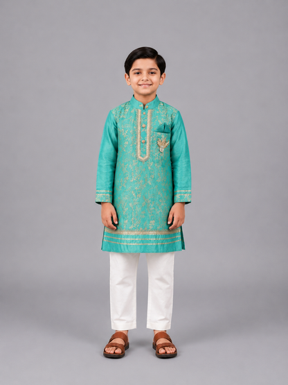 Pastel Green Chanderi Embrodriery Kurta and Off White White Pyjama