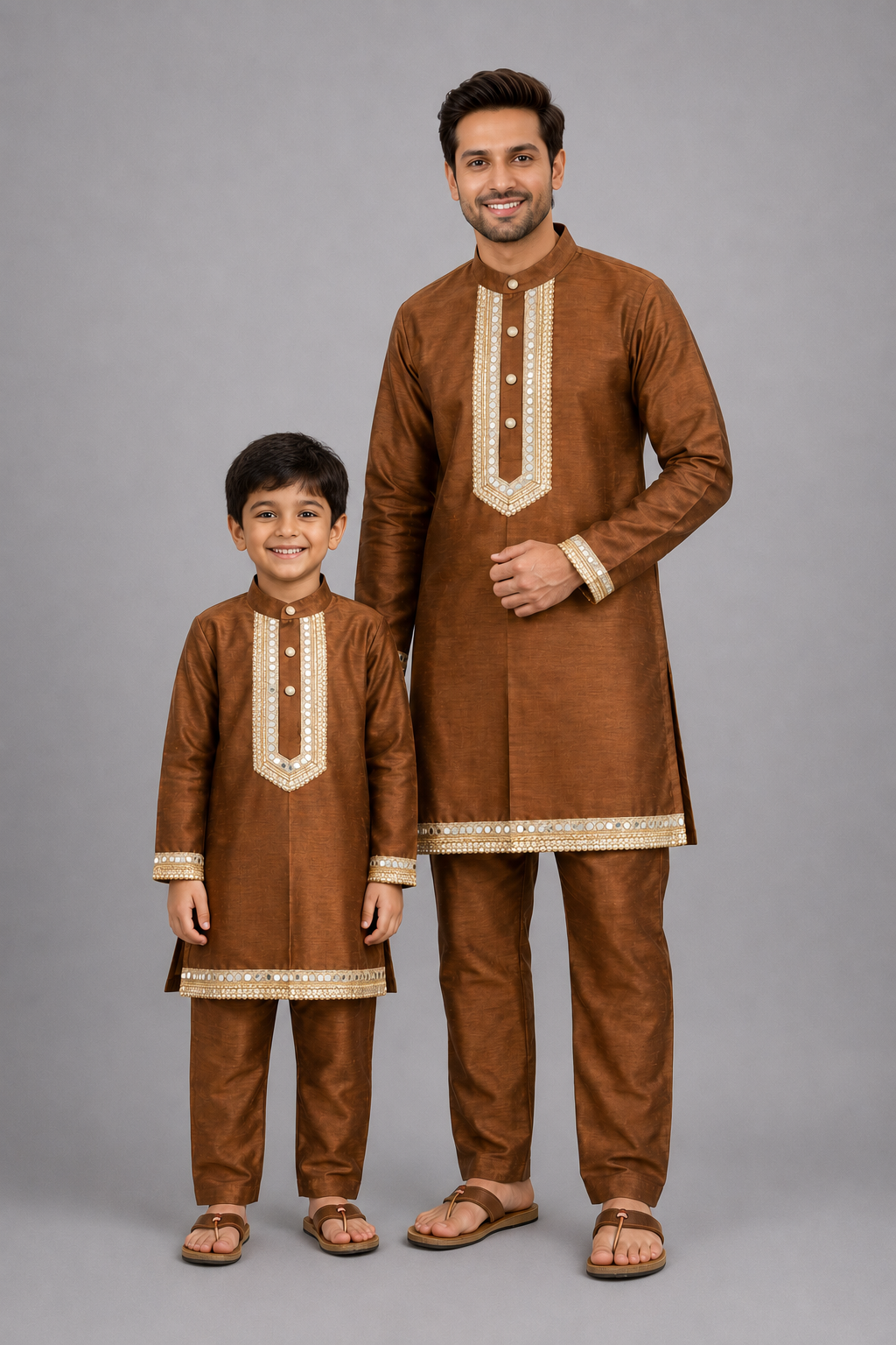 Brown  Embroidered Yolk Kurta And Brown Pyjama