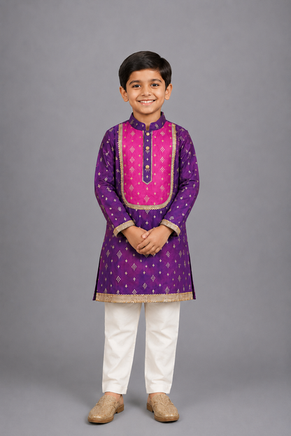 Purple/Pink Woven Silk Kurta Set
