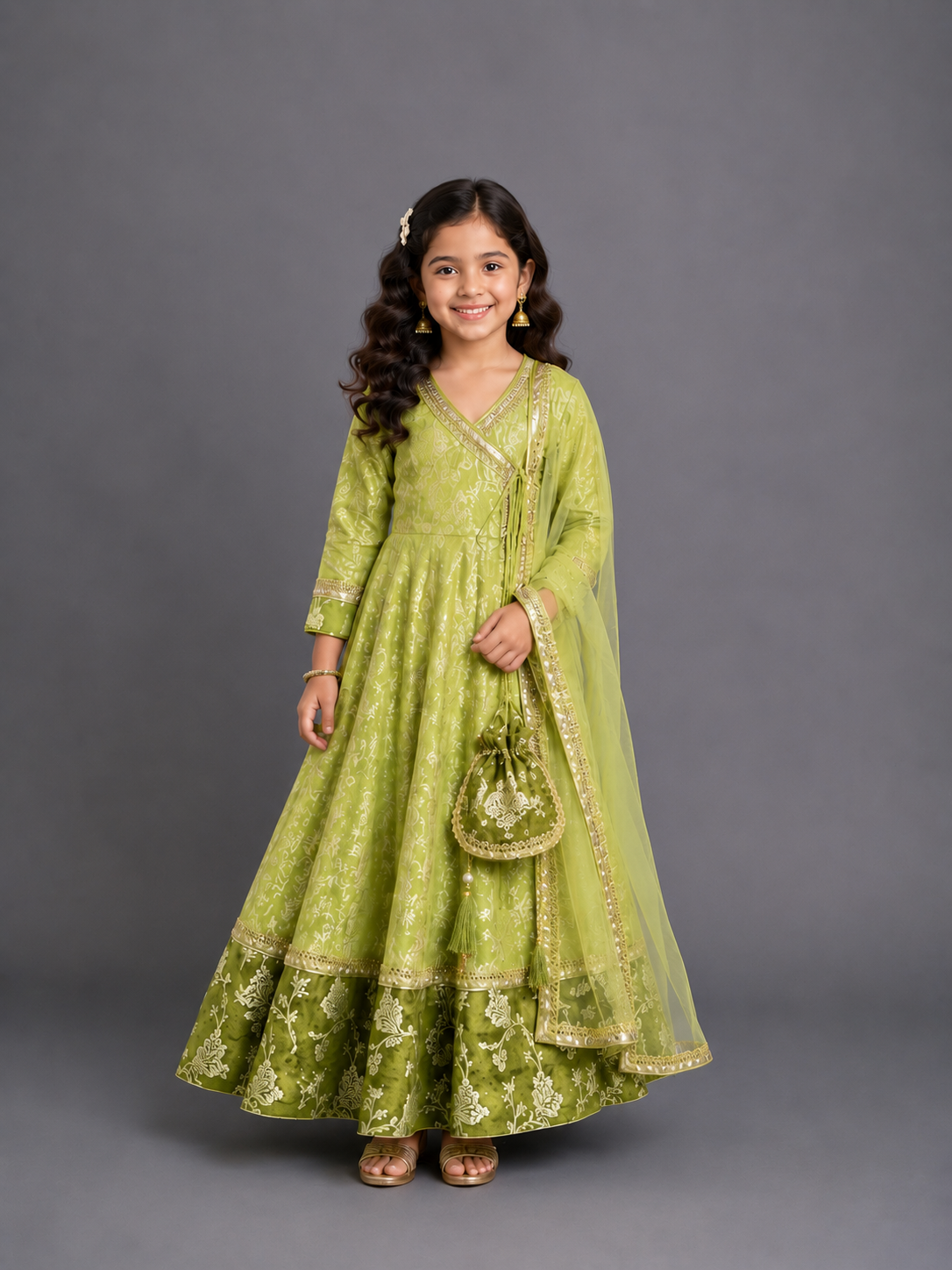 Olive green full length anarkali with dupatta and potli bag