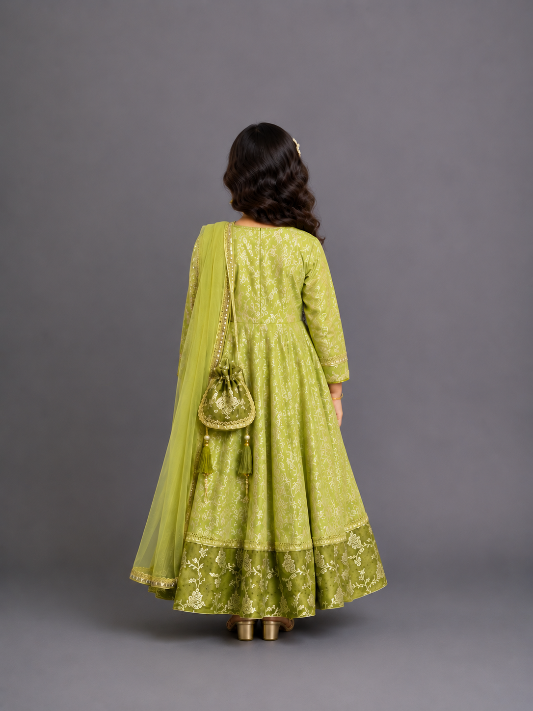 Olive green full length anarkali with dupatta and potli bag