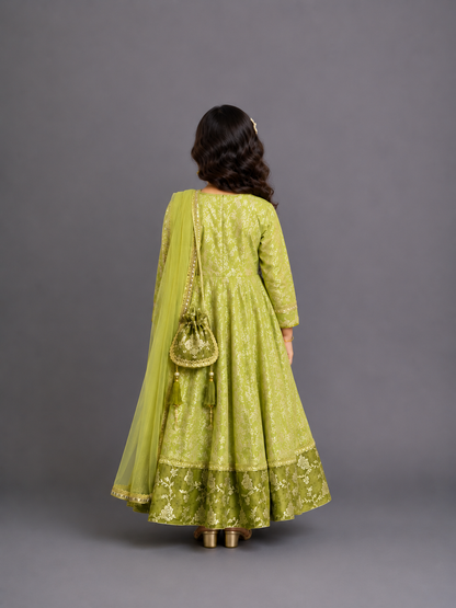 Olive green full length anarkali with dupatta and potli bag
