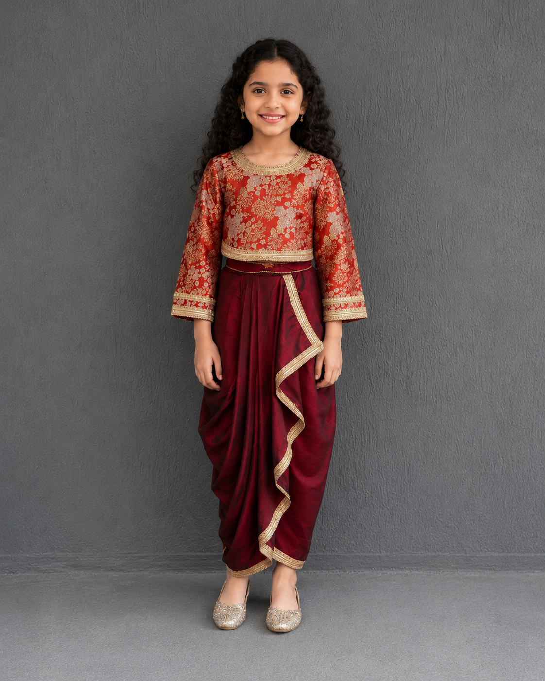 Deep red brocade blouse with Drape skirt