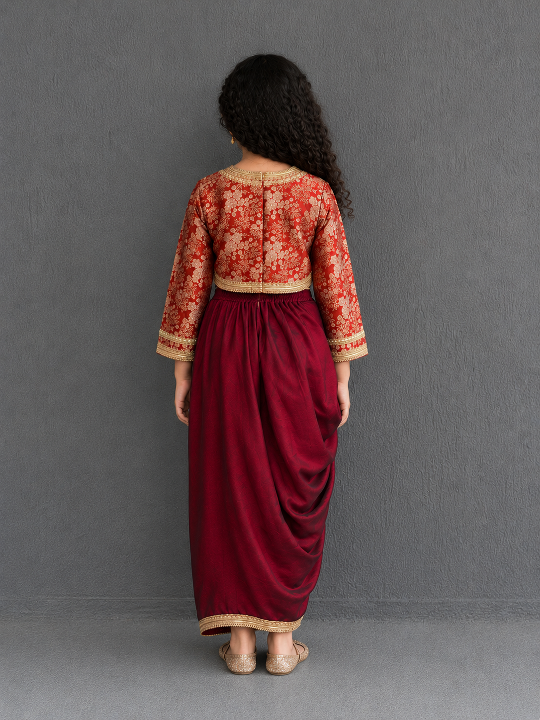 Deep red brocade blouse with Drape skirt