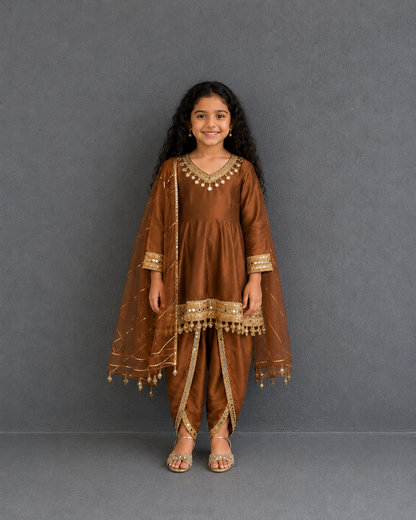 Brown Mirror Flared Kurta dhoti set