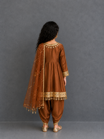 Brown Mirror Flared Kurta dhoti set