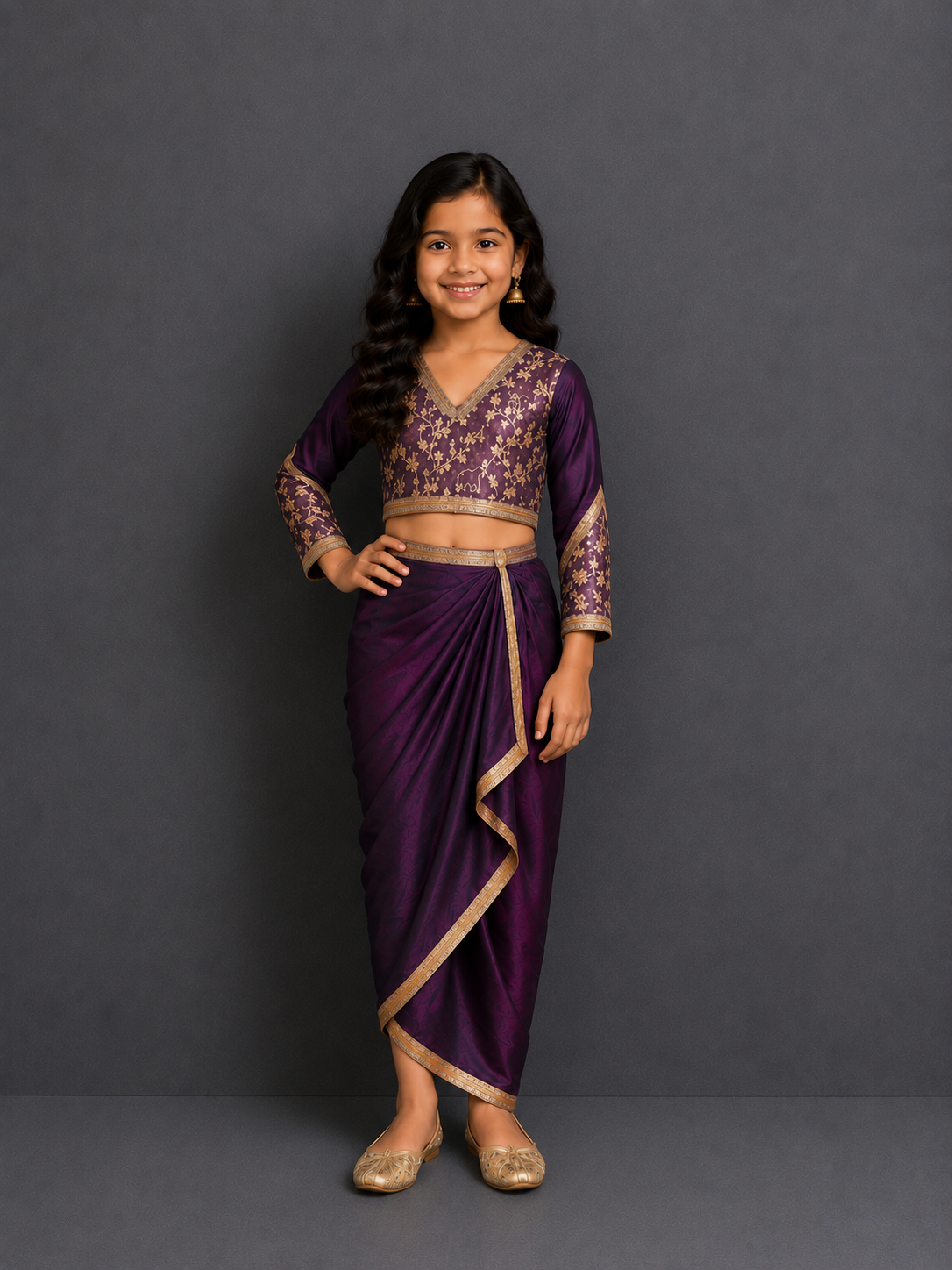 Purple Chanderi blouse with a drape skirt