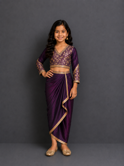 Purple Chanderi blouse with a drape skirt