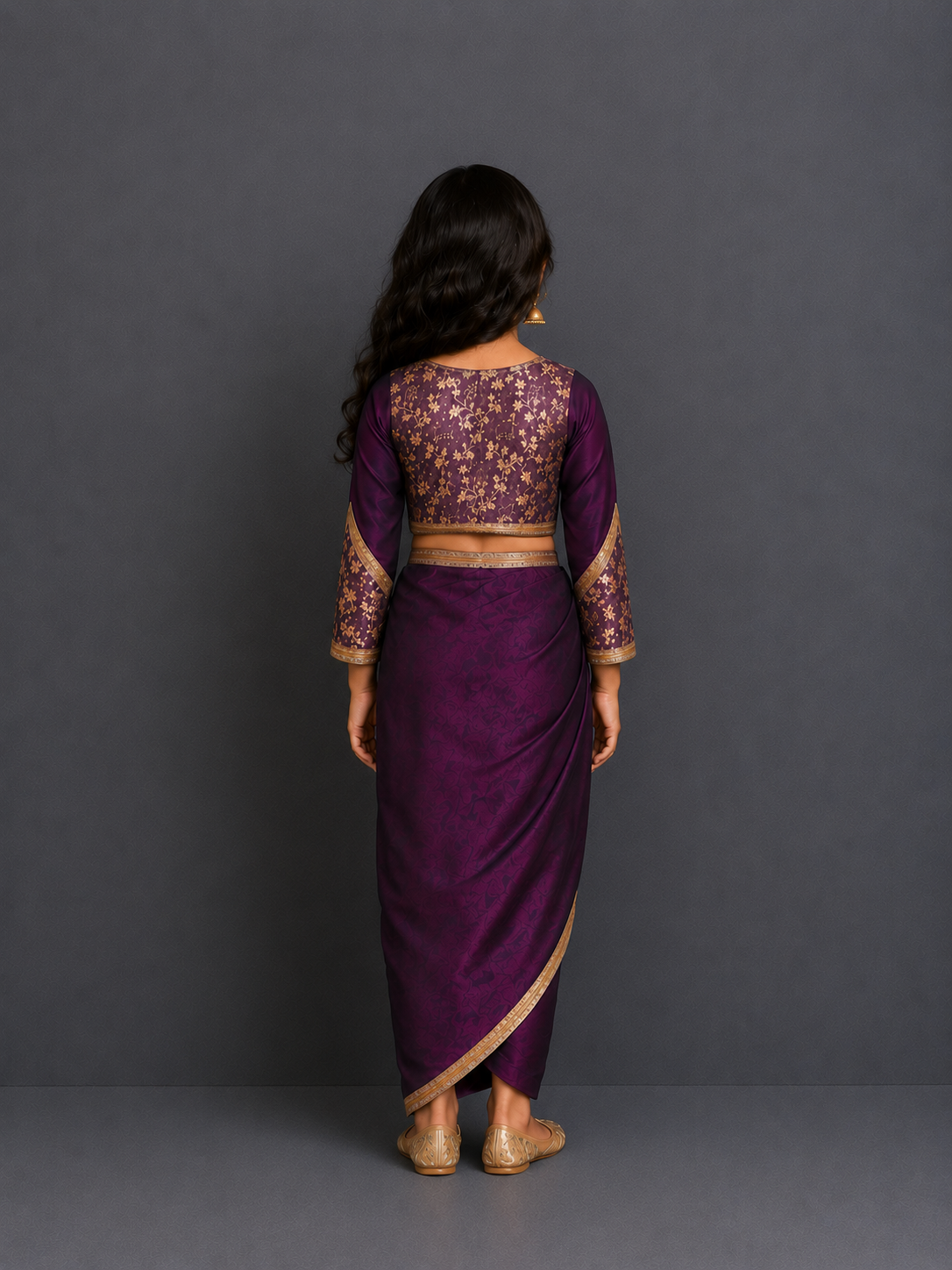 Purple Chanderi blouse with a drape skirt