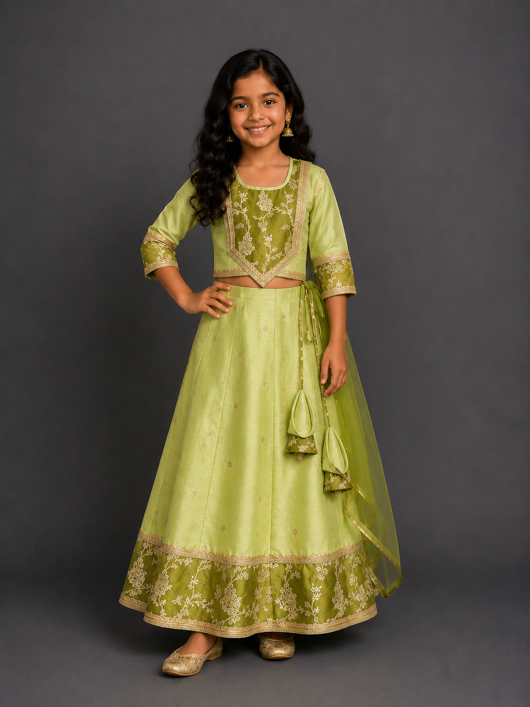 Green silk embroidery lehnga set