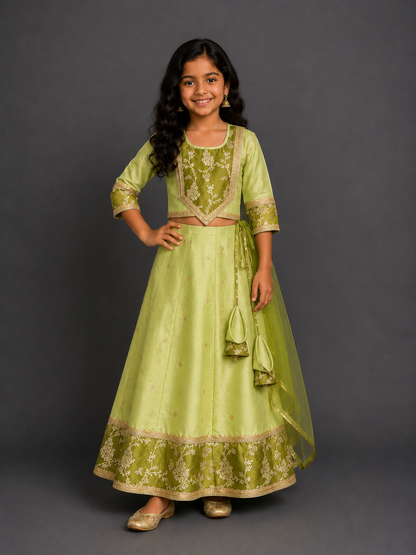 Green silk embroidery lehnga set