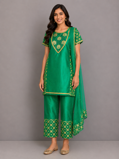 Green Chanderi Kurta Trouser with Dupatta