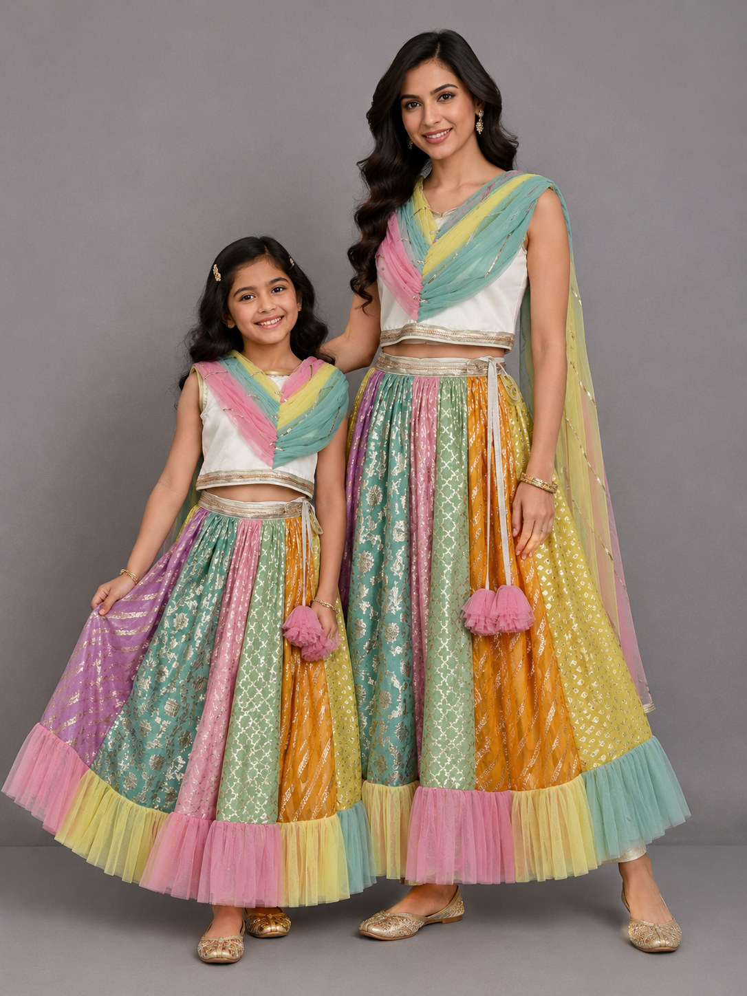 Rainbow  Drape Net Chanderi Lehnga