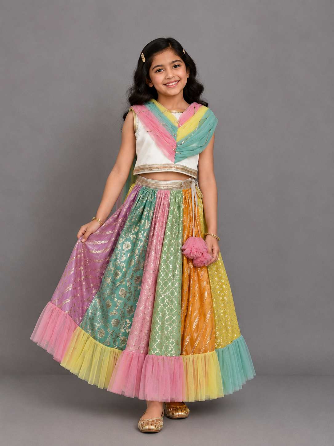 Rainbow  Drape Net Chanderi Lehnga