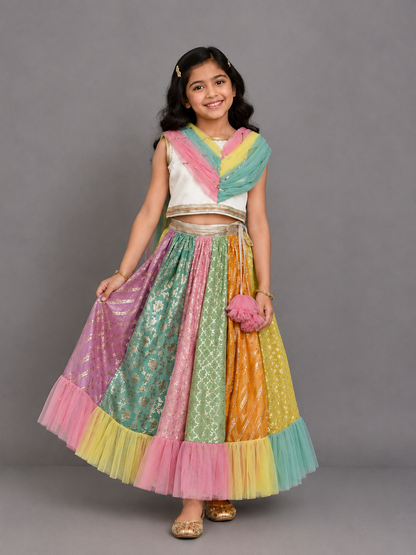 Rainbow  Drape Net Chanderi Lehnga