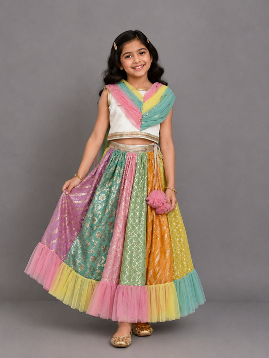 Rainbow  Drape Net Chanderi Lehnga