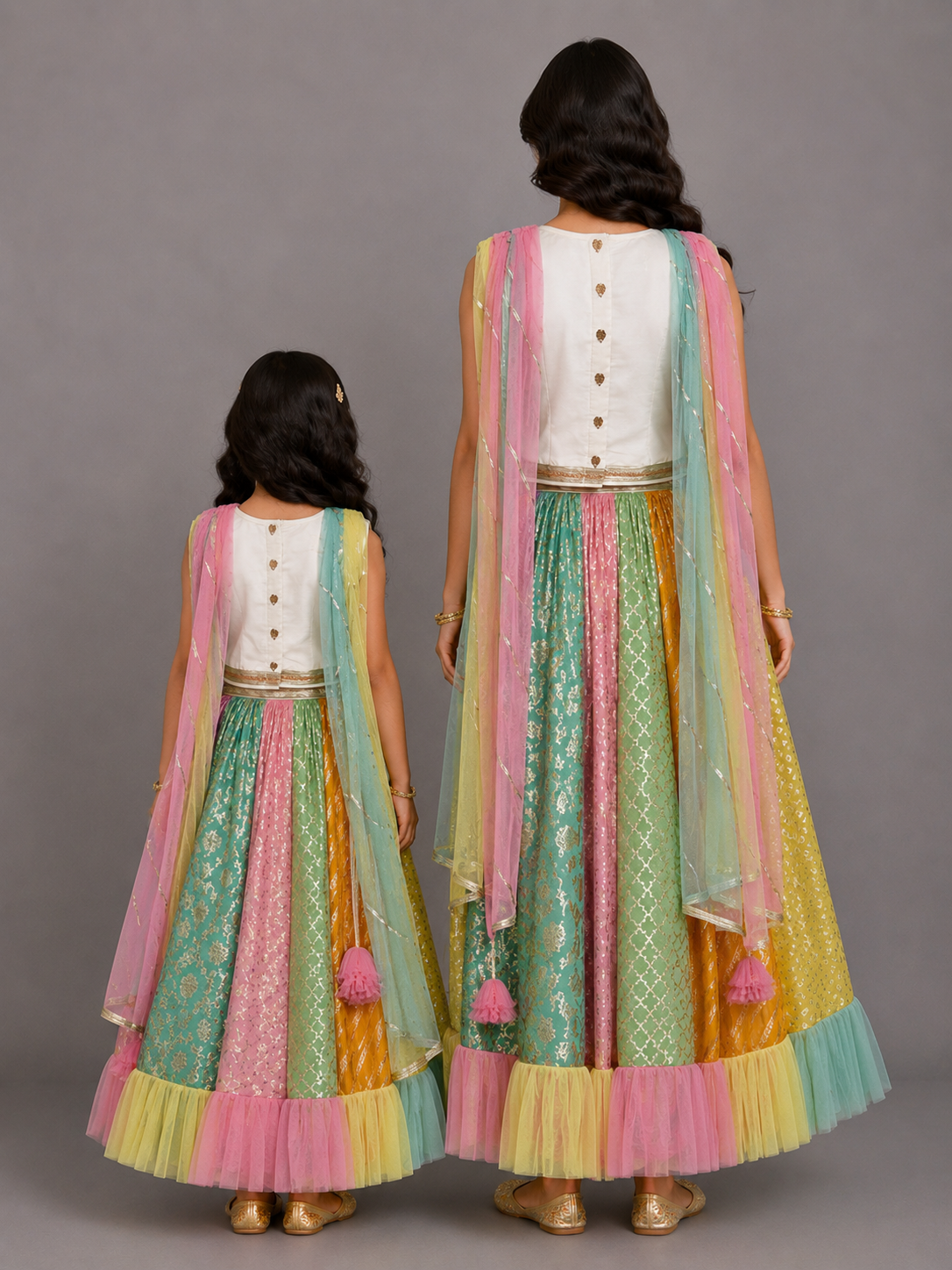 Rainbow  Drape Net Chanderi Lehnga