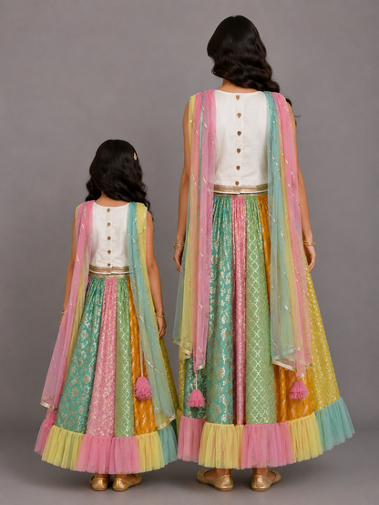 Rainbow  Drape Net Chanderi Lehnga
