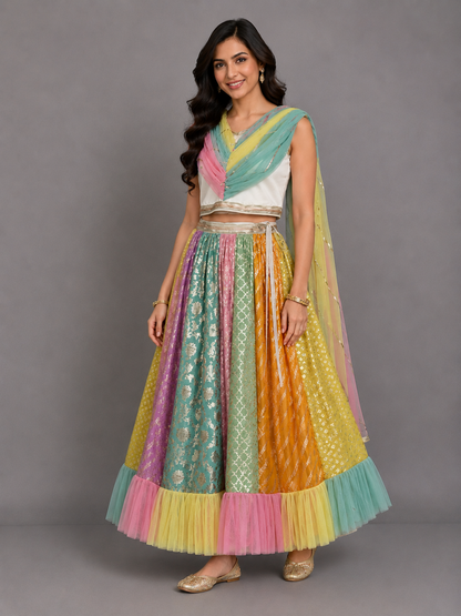 Rainbow  Drape Net Chanderi Lehnga