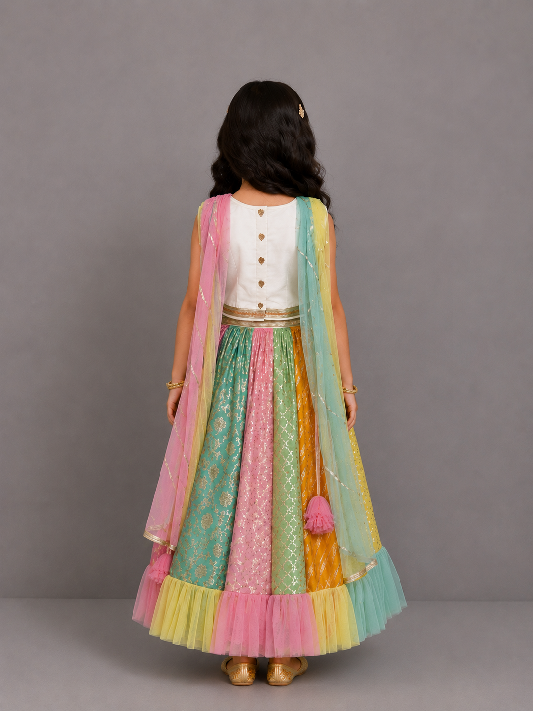 Rainbow  Drape Net Chanderi Lehnga