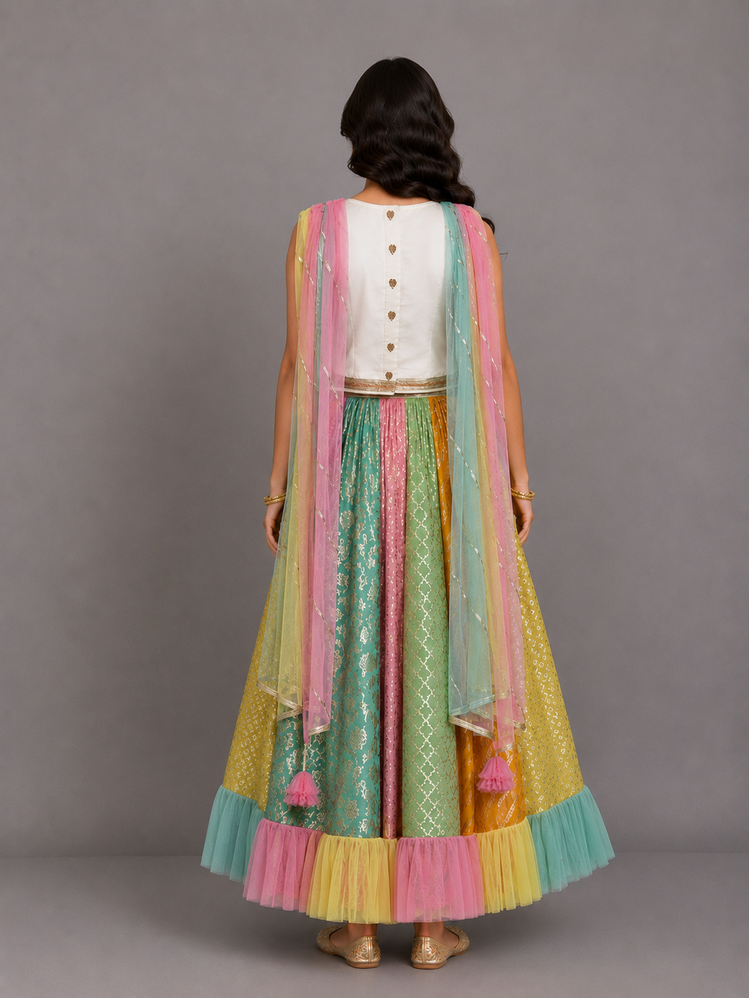 Rainbow  Drape Net Chanderi Lehnga