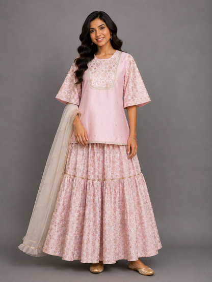 Baby Pink Silk Embroidered Sharara Set
