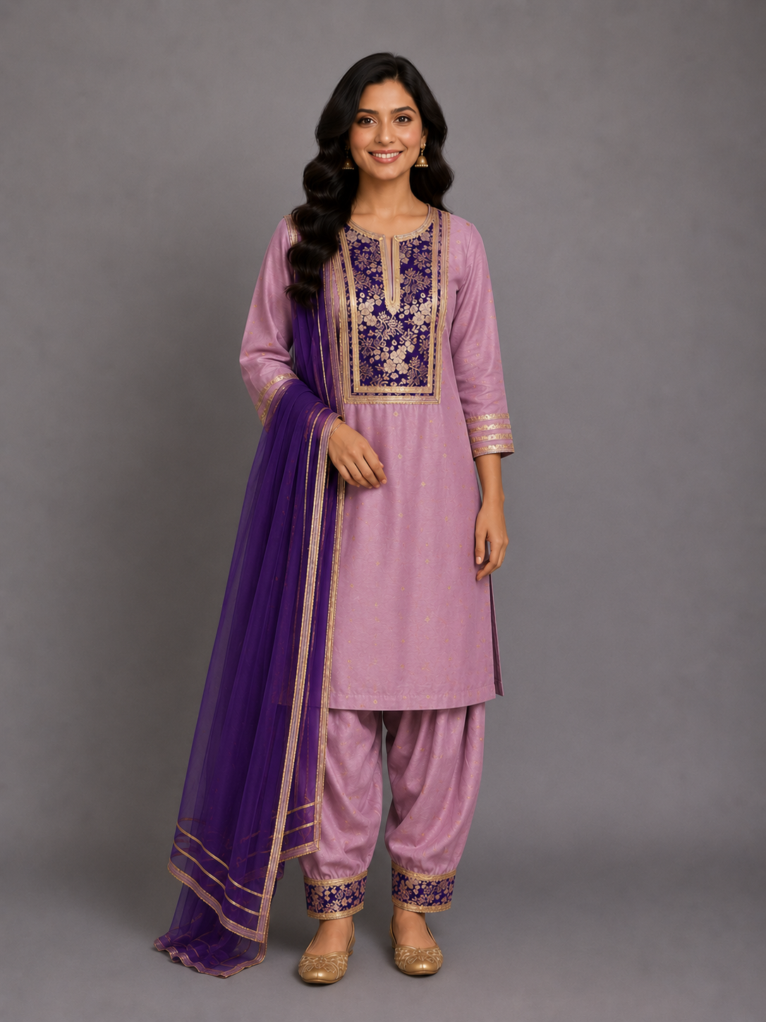 Lilac brocade kurta with salwar set