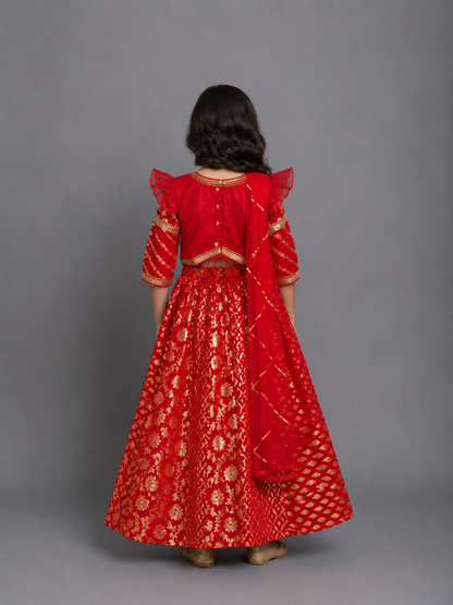Red Chanderi attached dupatta lehnga set  (MAMA KI SHAADI)
