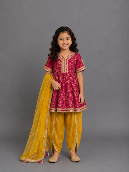 Fuschia pink/Yellow  chanderi frock style dhoti set